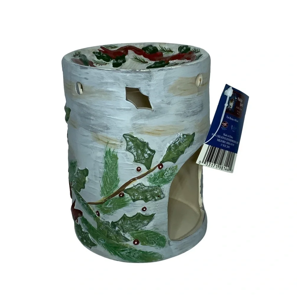 Vintage Wax Warmer Birds Kathy Hatch Tea light Hand painted Holiday White Red